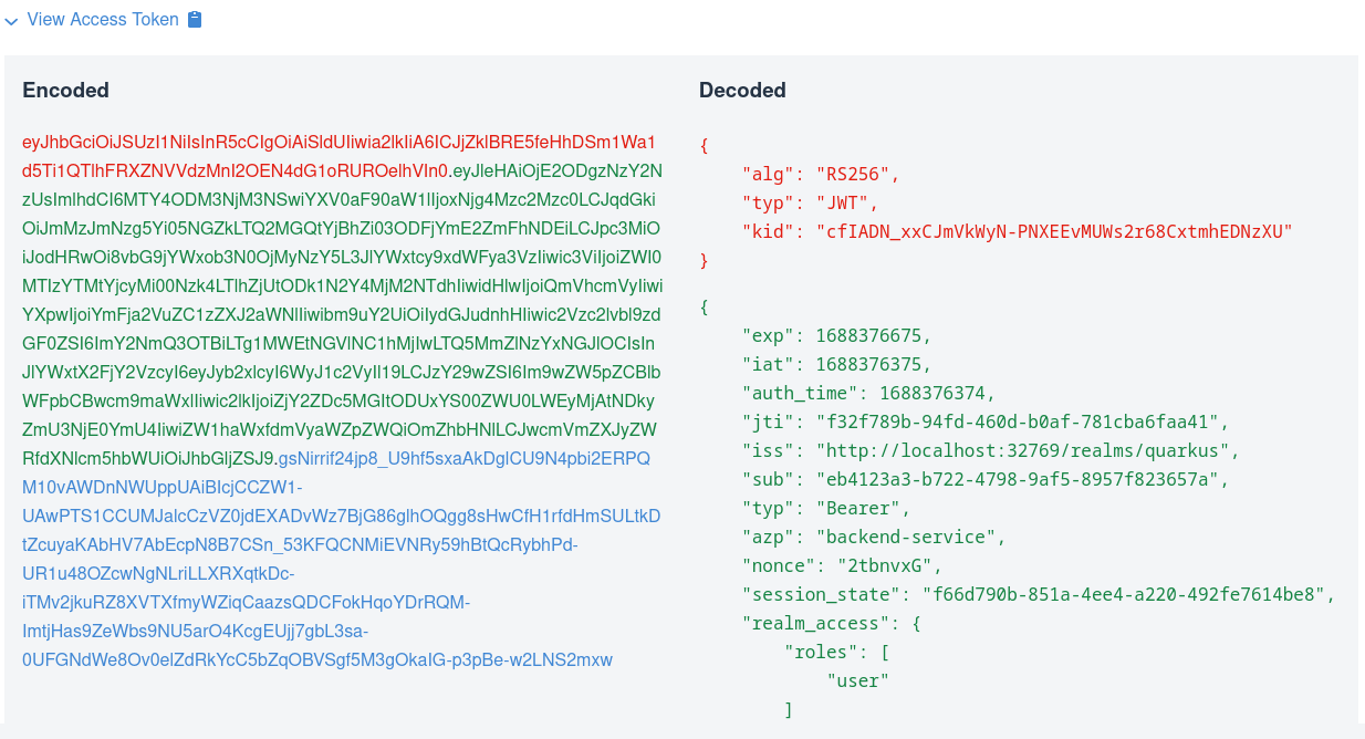 Dev UI OpenID Connect Keycloak Decoded Tokens View